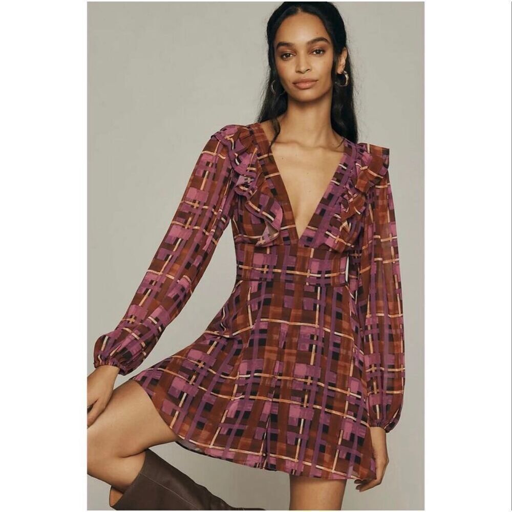 HUTCH x ANTHROPOLOGIE $168 Ruffle Plaid Long-Sleeve Deep-V Romper Size L NWOT